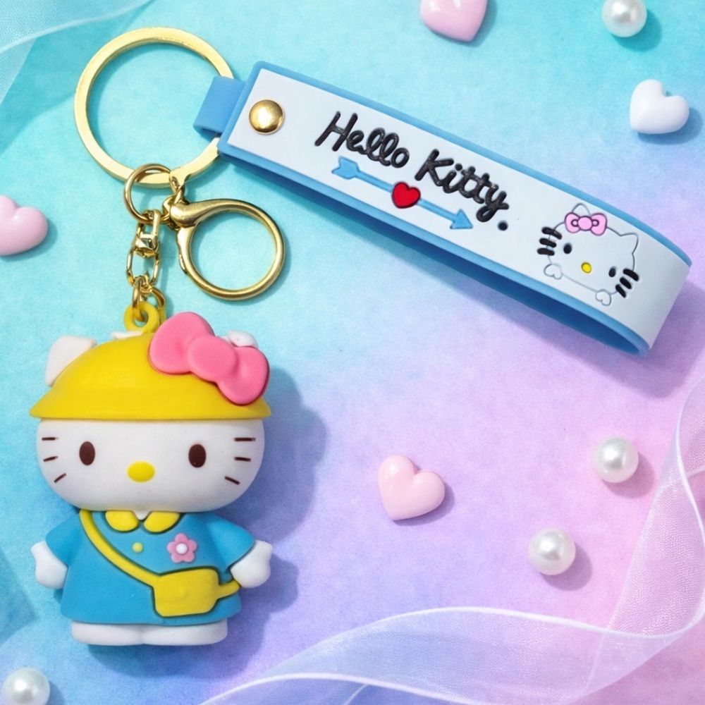 Hello Kitty 3D Keychain Yellow Hat Teal Outfit Charm Strap 8”L Sanrio Kawaii NEW